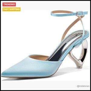 Satin Kitten Heels Closed Pointed Toe Heart Heel Ankle Strap Pumps